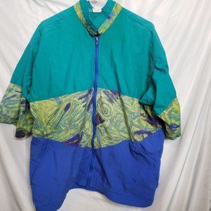 Vintage Sun Blocks Zip Up Shirt Swim Suit Cover Up Nylon Supplex Teal Blue Large